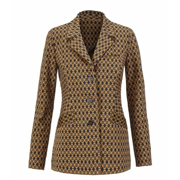 Cabi Kensington Proper Standout Blazer Jacket in Yellow Navy Medallion Motif, XS - Picture 1 of 16